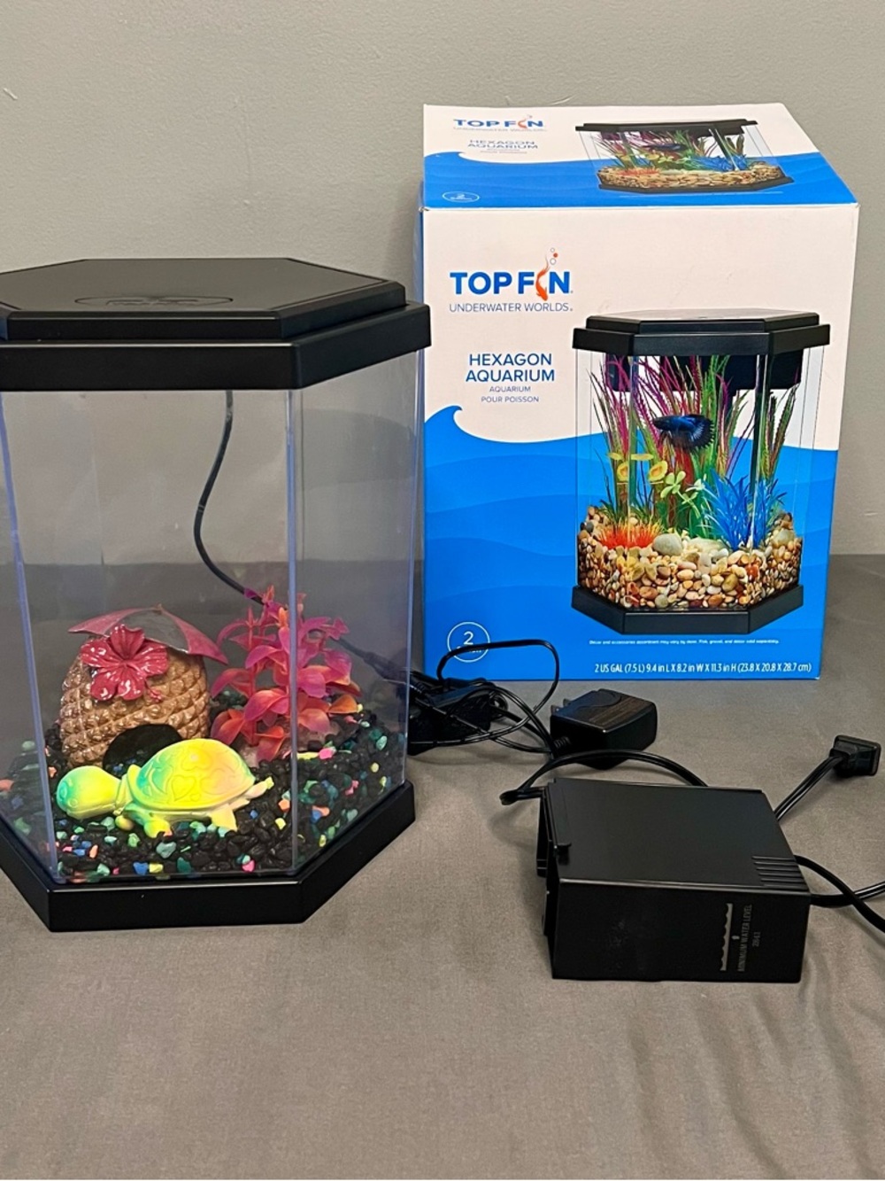 Top Fin 2 Gallon Hexagon Aquarium W/ Pebbles & Pineapple Decoration